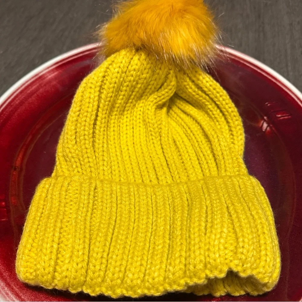 Brand New MSDC Women's Knit Mustard Yellow Beanie featuring a Playful‎ Pom-Pom